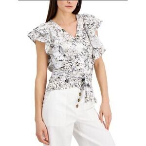 INC Women's Cotton Floral‎ Printed V-Neck Top Ruched Sleeves Tie Waist Size XS